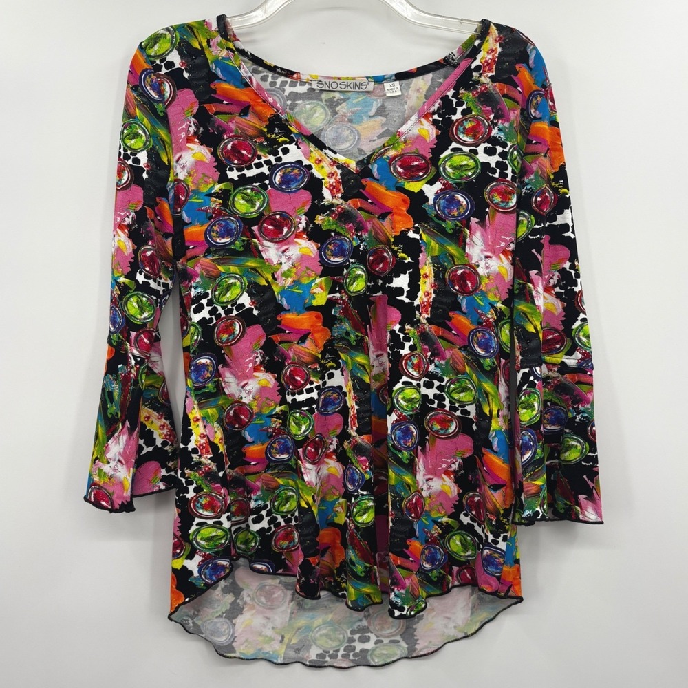 SnoSkins Abstract Art Print V Neck‎ Bell Sleeve Tunic Top Women's XS, Art Deco